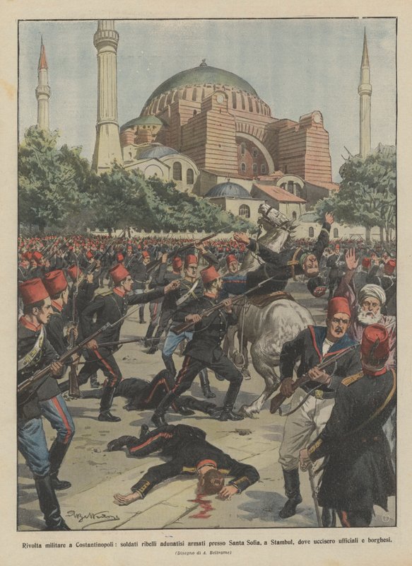 Militært opprør i Konstantinopel, væpnede opprørssoldater samlet ved Santa Sofia, i Stamboul? av Achille Beltrame