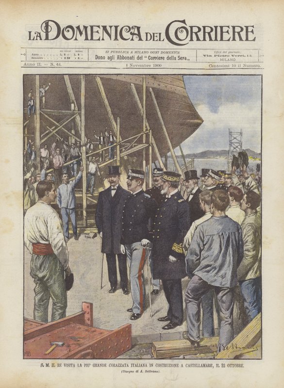 S M Il Re besøker det største italienske slagskipet under bygging i Castellamare 23. oktober av Achille Beltrame