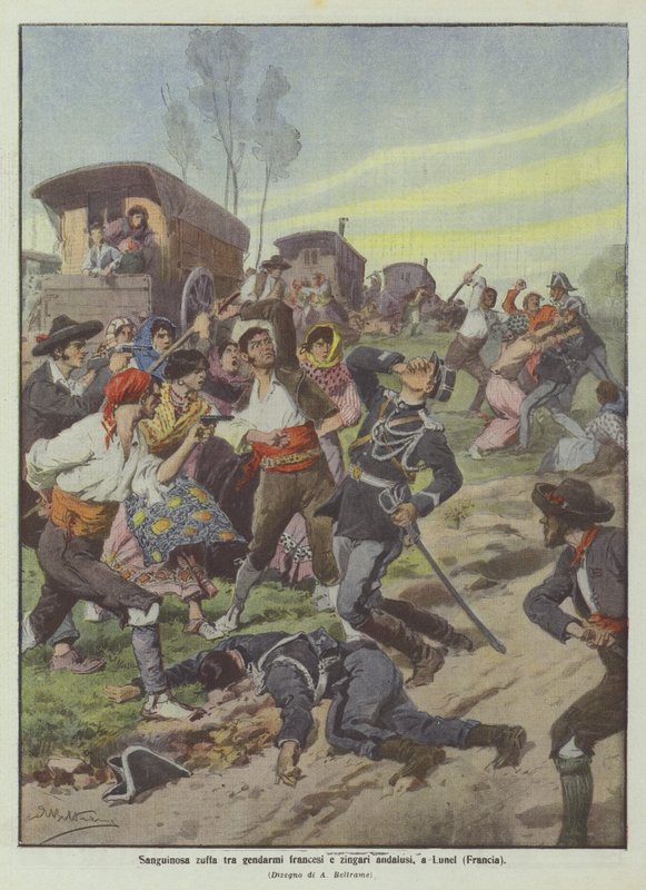 Blodig kamp mellom franske gendarmer og andalusiske sigøynere, i Lunel (Frankrike) av Achille Beltrame