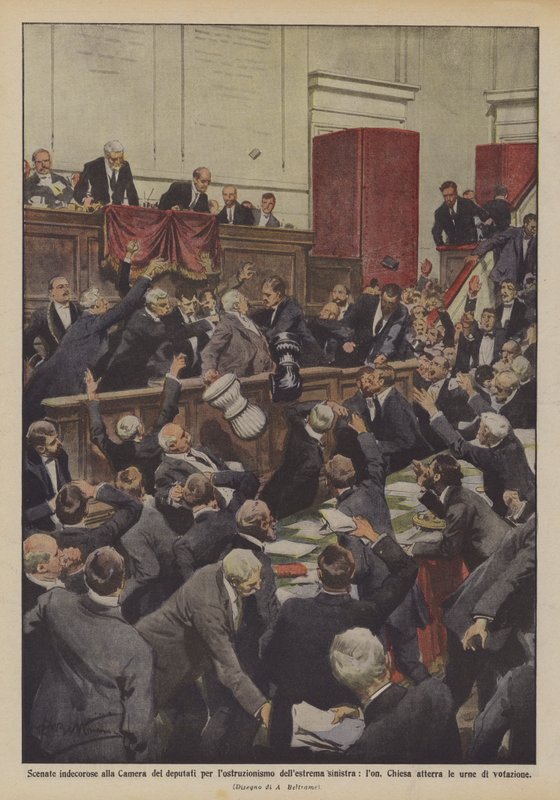 Usømmelige scener i Deputertkammeret for hindring av ytre venstre, lon? av Achille Beltrame
