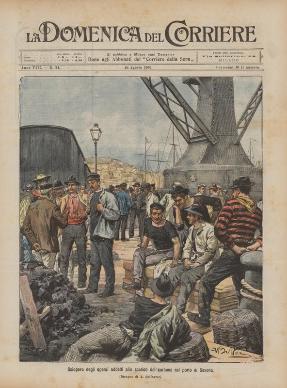 Streik av arbeiderne som har fått i oppdrag å losse kull i havnen i Savona av Achille Beltrame