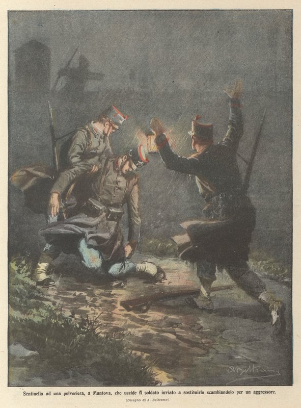 Sentinel ved et pulvermagasin i Mantua, som dreper soldaten som ble sendt for å erstatte ham, og forveksler ham med en angriper av Achille Beltrame