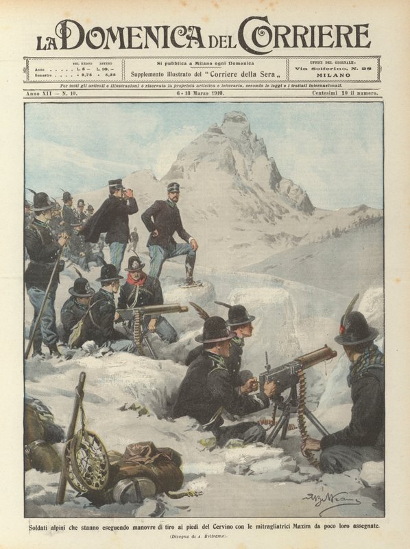Alpesoldater som utfører skytemanøvrer ved foten av Matterhorn med maskingevær? av Achille Beltrame