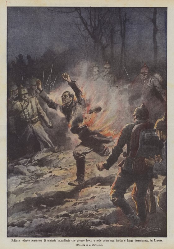 Tysk soldat som bærer brennende materialer som tar fyr og brenner som en fakkel og flykter? av Achille Beltrame