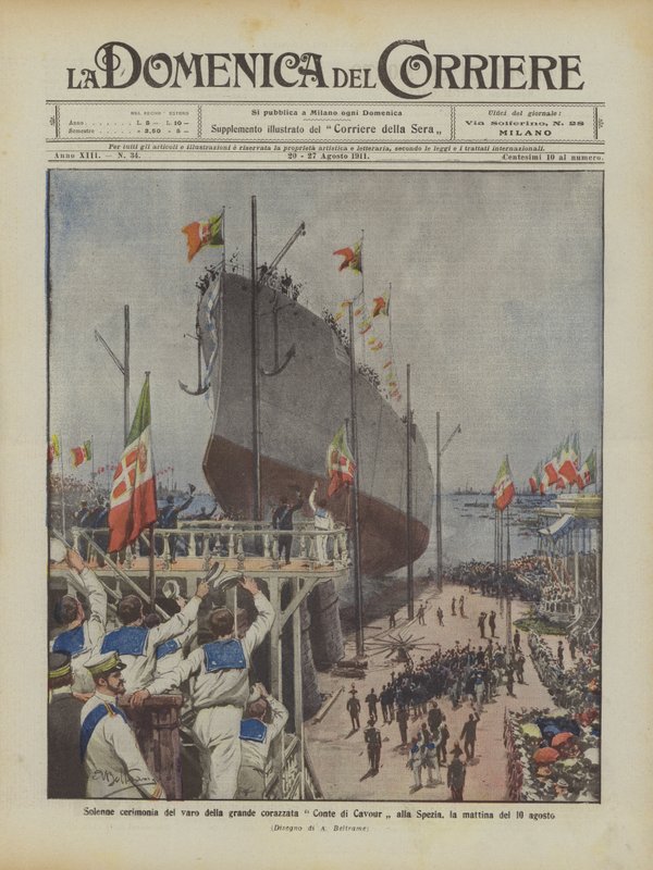 Høytidelig seremoni for lanseringen av det store slagskipet Conte di Cavour i La Spezia, om morgenen 10. august av Achille Beltrame