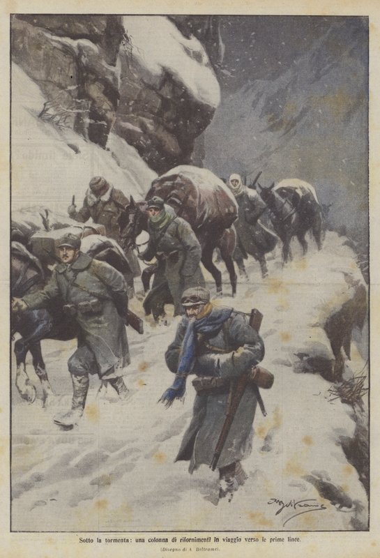 Under snøstormen, en kolonne med forsyninger på vei til frontlinjene av Achille Beltrame