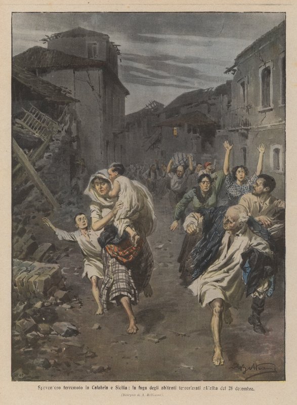 Skremmende jordskjelv i Calabria og Sicilia, flukten til de livredde innbyggerne ved daggry 28. desember av Achille Beltrame
