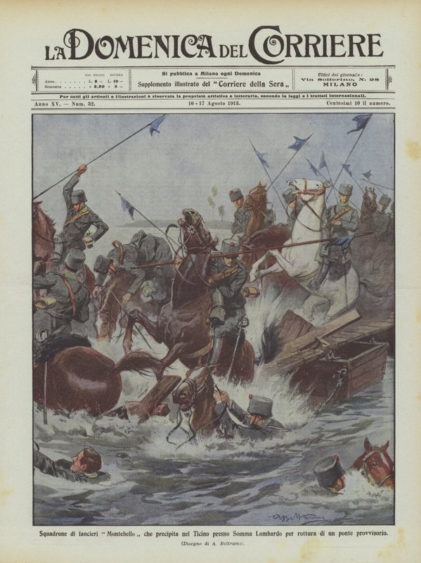 Squadron of Montebello spydarmen krasjet inn i Ticino nær Somma Lombardo på grunn av brudd på en midlertidig bro av Achille Beltrame