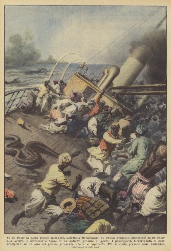 På en rasende elv nær Kolhapur, Vest-India, brøt en stor slange av? av Achille Beltrame