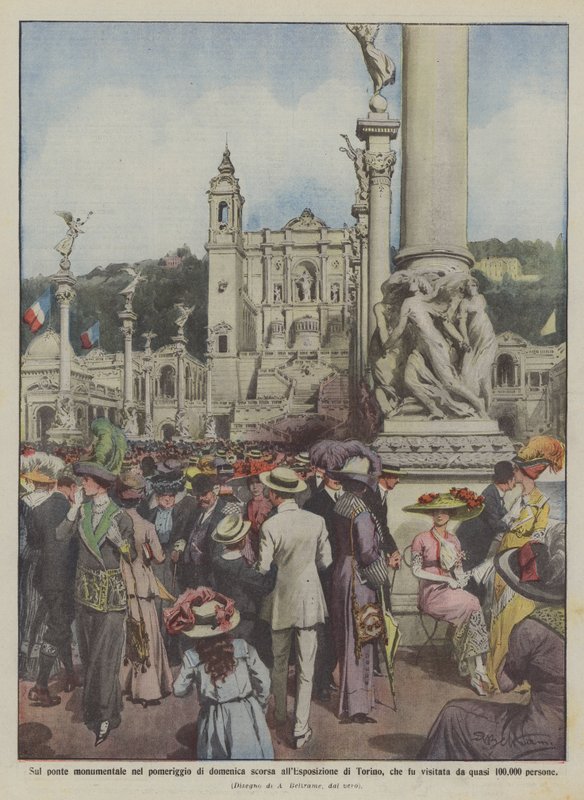 Hvem ble besøkt på den monumentale broen sist søndag ettermiddag på Torino-utstillingen? av Achille Beltrame
