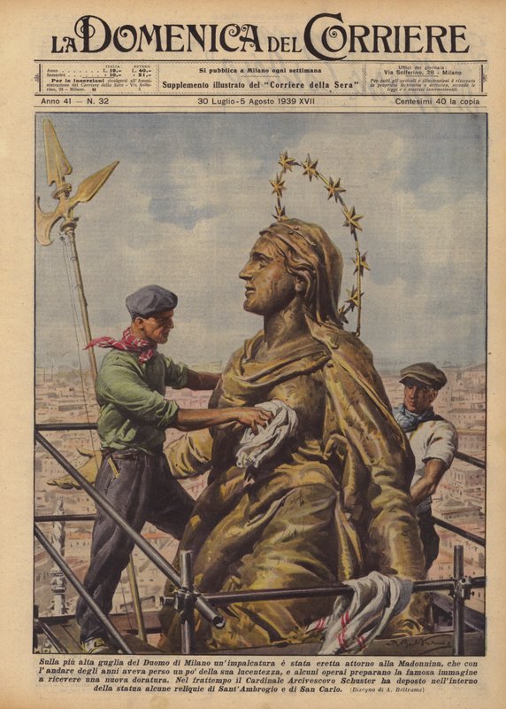 Ble det bygget et stillas rundt Madonnina på det høyeste spiret til katedralen i Milano? av Achille Beltrame