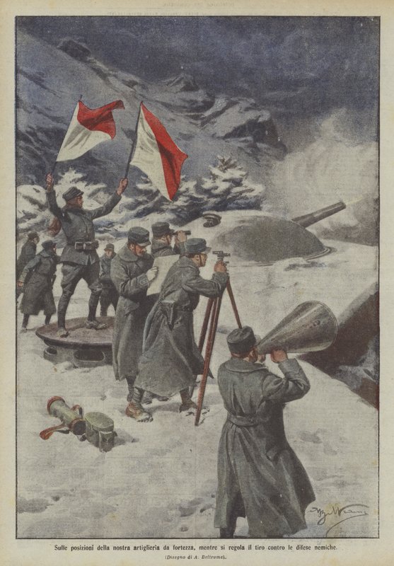 På posisjonene til festningsartilleriet vårt, mens du justerer ilden mot fiendens forsvar av Achille Beltrame