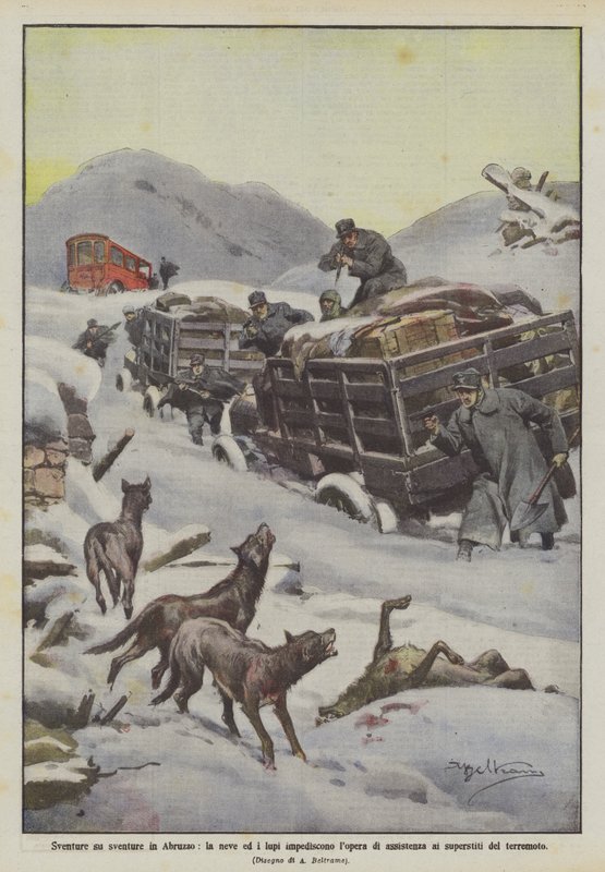 Ulykker etter ulykker i Abruzzo, snø og ulv hindrer arbeidet med å hjelpe de overlevende etter jordskjelvet av Achille Beltrame
