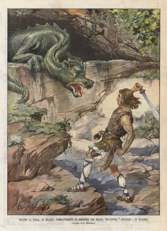 La Scala Theatre, Milano, Siegfrieds kamp med dragen, i operaen Siegfried Di Wagner av Achille Beltrame