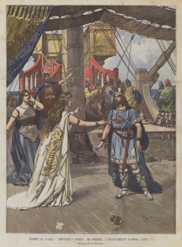 La Scala Theatre, Tristan og Isolde, av Wagner; Kjærlighetsfortryllelsen (akt I) av Achille Beltrame