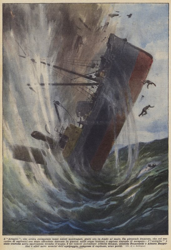 Kloen, som hadde gjenvunnet så mange skipbrudne skatter, ligger nå på bunnen av havet (farge litho) av Achille Beltrame