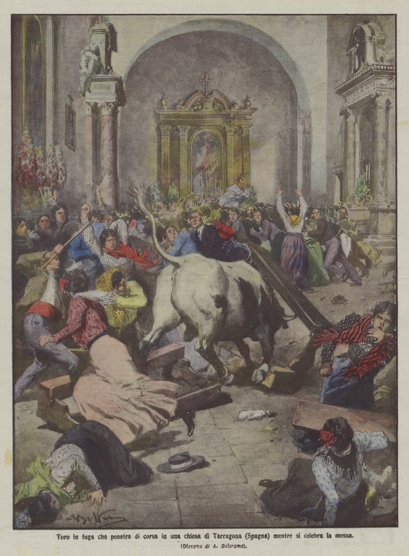 Rømte okse som løper inn i en kirke i Tarragona (Spania) mens messen feires av Achille Beltrame