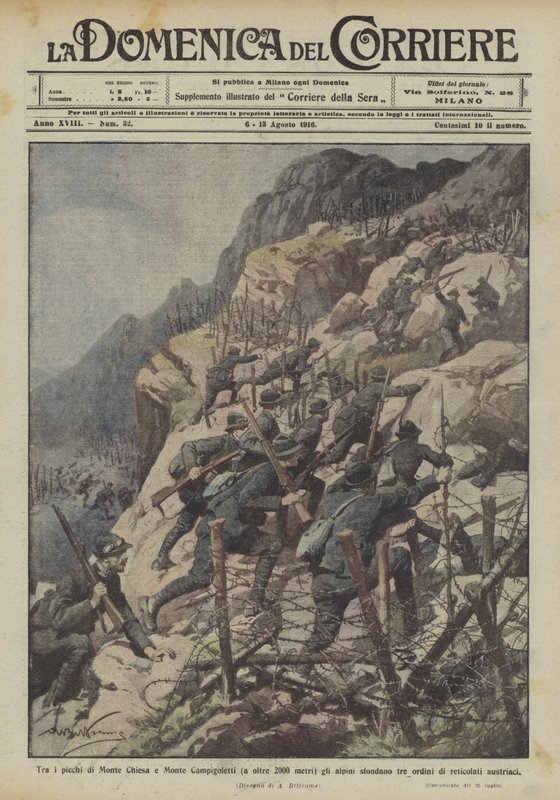 Mellom toppene av Monte Chiesa og Monte Campigoletti (på over 2000 meter) bryter alpinetroppene gjennom tre? av Achille Beltrame