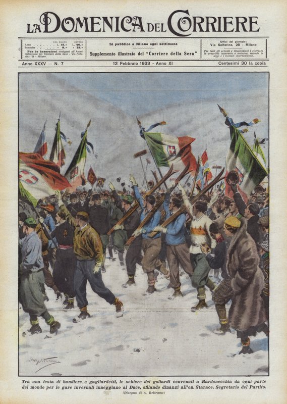 Mellom et parti av flagg og vimpler samlet rekkene av goliardene seg i Bardonecchia fra hele verden? av Achille Beltrame