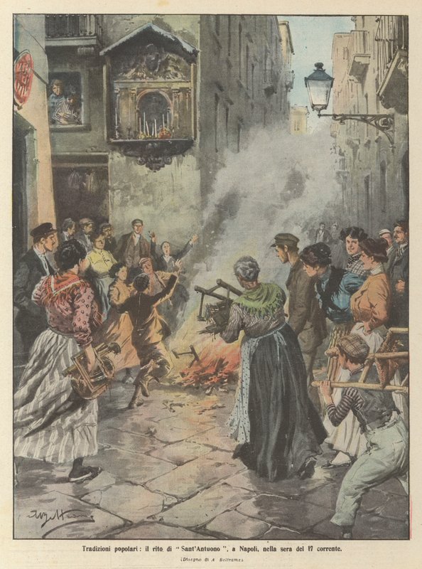 Populære tradisjoner, ritualen til Sant Antuono, i Napoli, om kvelden denne 17. av Achille Beltrame