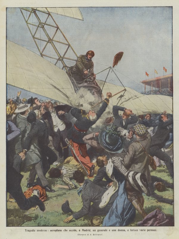 Moderne tragedier, et fly som dreper en general og en kvinne i Madrid og skader forskjellige mennesker av Achille Beltrame