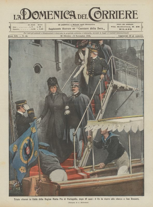 Trist retur til Italia av dronning Maria Pia av Portugal, etter 48 år, tar kongen imot henne på? av Achille Beltrame