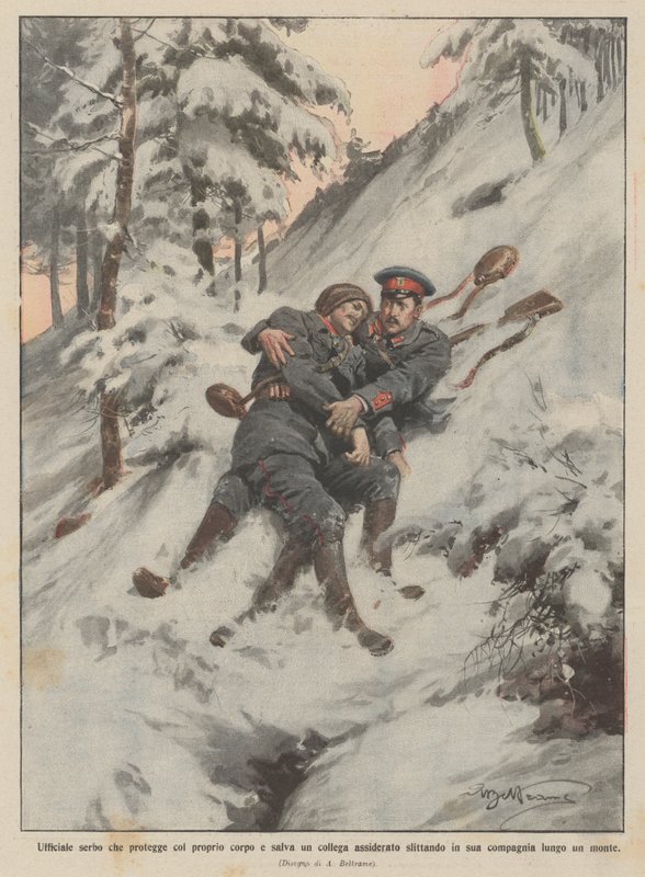 Serbisk offiser som beskytter med sin egen kropp og redder en frossen kollega ved å skli inn i hans? av Achille Beltrame
