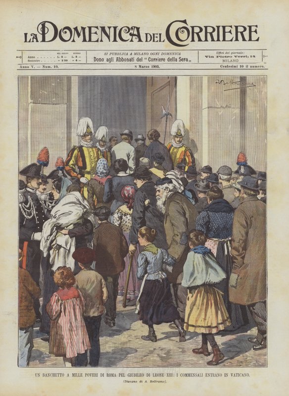 En bankett for tusen fattige mennesker i Roma for jubileet til Leo XIII, gjestene kommer inn i Vatikanet av Achille Beltrame