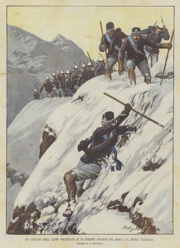 En Alpini-kaptein styrtet inn i en kløft under en marsj på Mount Telegraph av Achille Beltrame