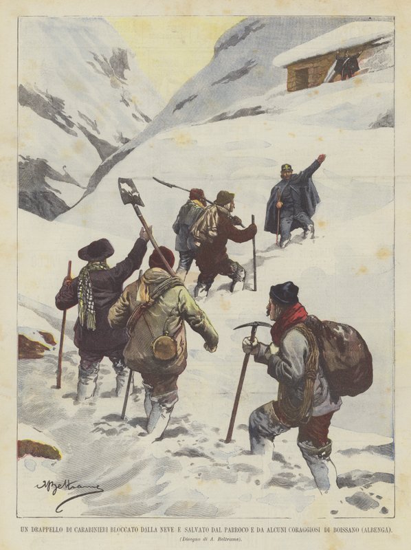 En Carabinieri Drapello blokkert av snø og reddet av sognepresten og noen modige fra Boissano (Albenga) av Achille Beltrame