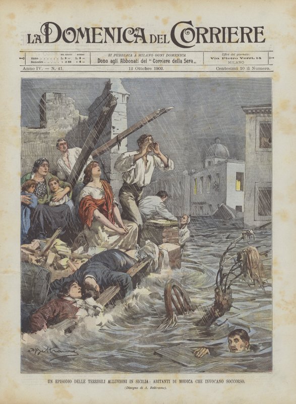 En episode av de forferdelige flommene på Sicilia, innbyggere i Modica ringer etter hjelp av Achille Beltrame