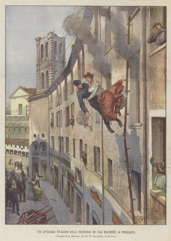 En tragisk episode av brannen i Via Mazzini, Ferrara av Achille Beltrame