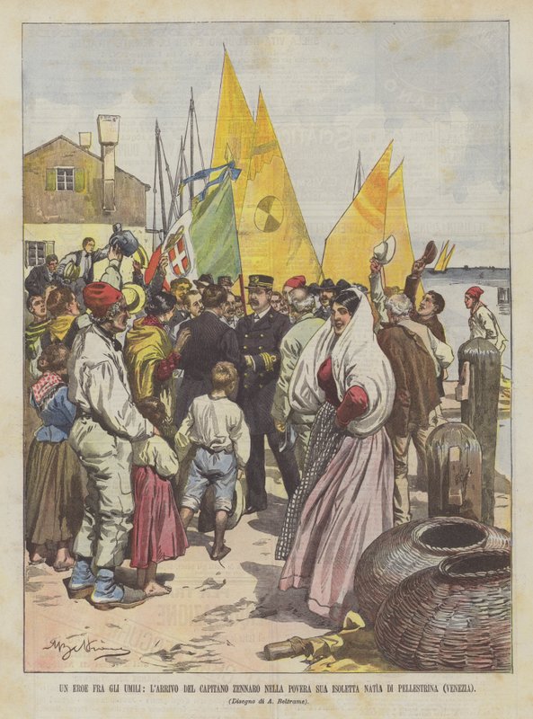 En helt blant de ydmyke, kaptein Zennaros ankomst til hans fattige fødeøy Pellestrina (Venezia) av Achille Beltrame