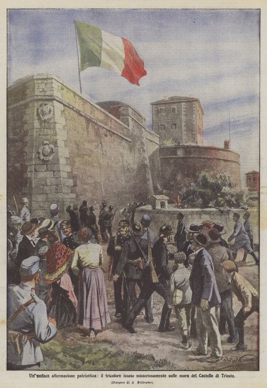 En dristig patriotisk bekreftelse, tricoloren heist på mystisk vis på veggene til slottet i Trieste av Achille Beltrame