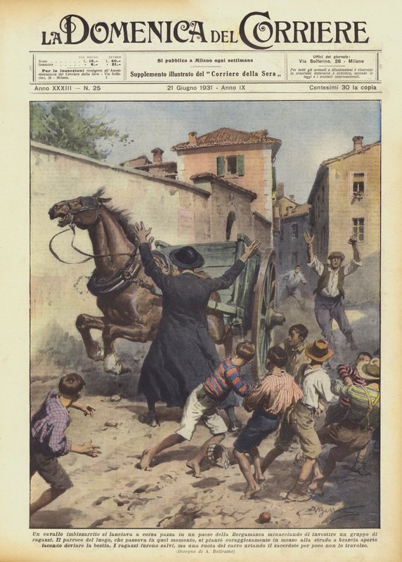 Sprang en løpsk hest i en landsby i Bergamo-området, truende? av Achille Beltrame