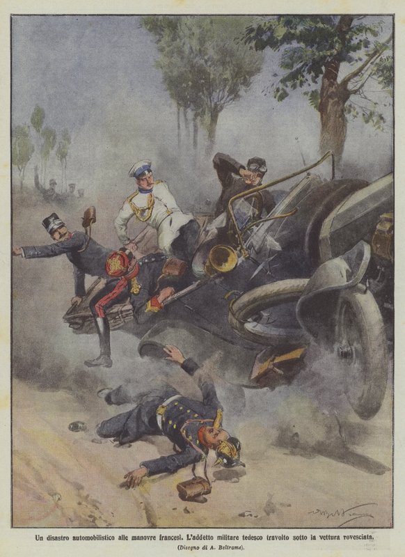En bilkatastrofe ved de franske manøvrene kjørte den tyske militæroffiseren over under den veltede bilen av Achille Beltrame