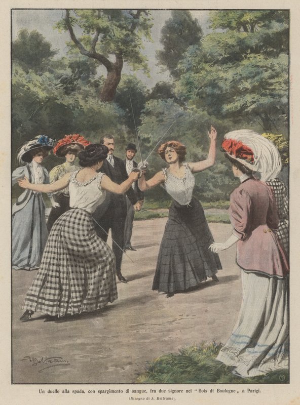 En sverdkamp, ​​med blodsutgytelse, mellom to damer i Bois de Boulogne i Paris av Achille Beltrame