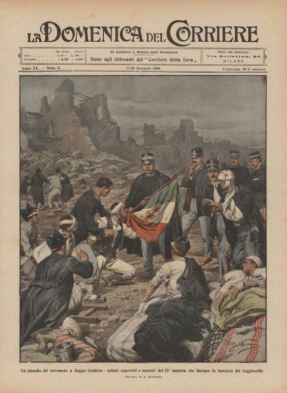 En episode av jordskjelvet i Reggio Calabria, overlevende og døende soldater fra det 22. infanteriet, hvem? av Achille Beltrame