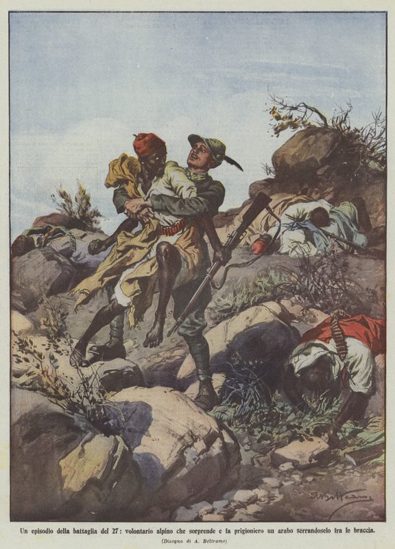 En episode fra slaget ved 27, en alpin frivillig som overrasker og tar en arabisk fange? av Achille Beltrame