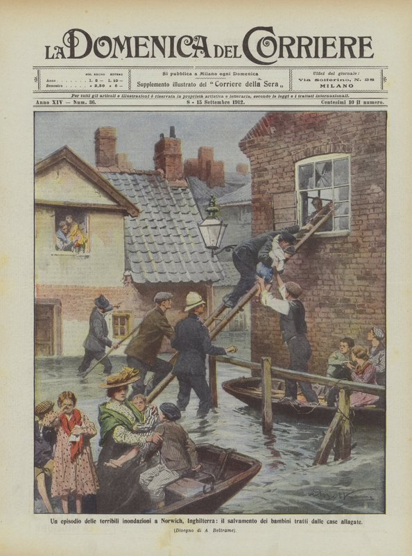 En episode av de forferdelige flommene i Norwich, England, redningen av barna som ble handlet? av Achille Beltrame