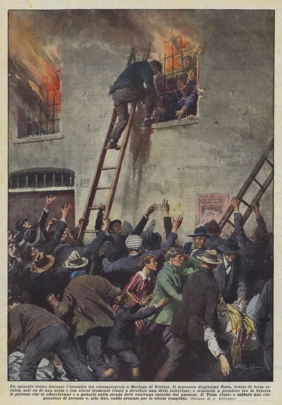 En heroisk episode under brannen på kinoen i Moriago di Treviso av Achille Beltrame