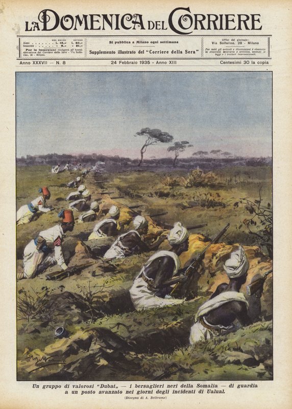 En gruppe modige Dubat, de svarte Bersaglieri fra Somalia, vokter en avansert post i? av Achille Beltrame