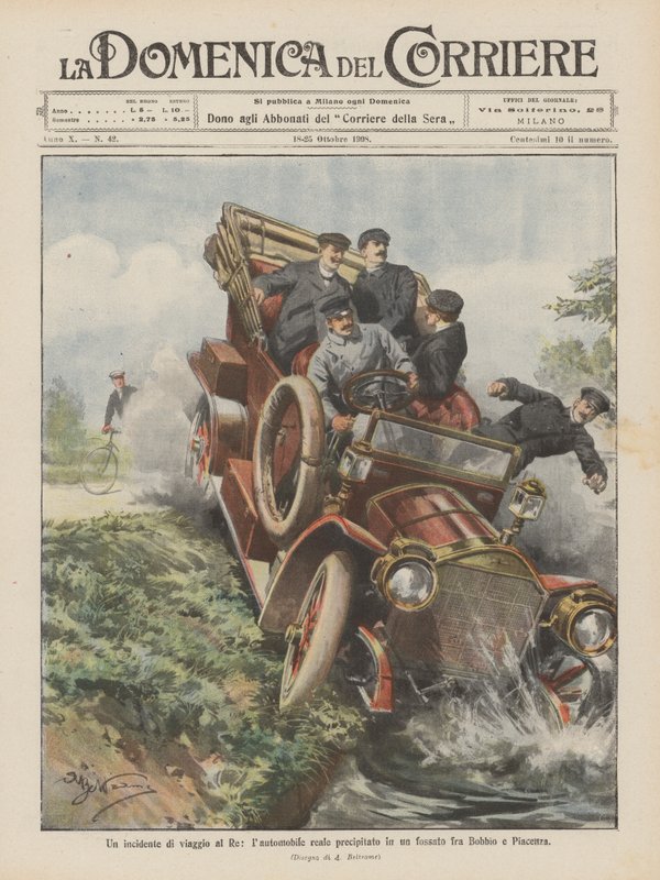 En reiseulykke som involverte kongen, den kongelige bilen krasjet i en grøft mellom Bobbio og Piacellza av Achille Beltrame
