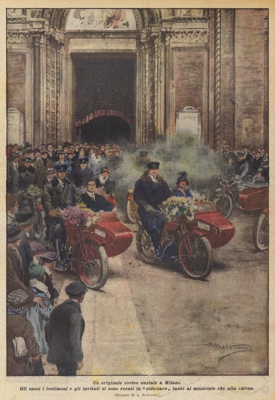 En original bryllupsprosesjon i Milano (farge litho) av Achille Beltrame