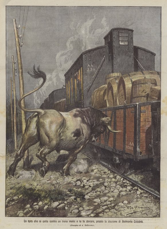 En okse som kaster seg mot et godstog og får det til å avvike, ved Belmonte Calabro-stasjonen av Achille Beltrame