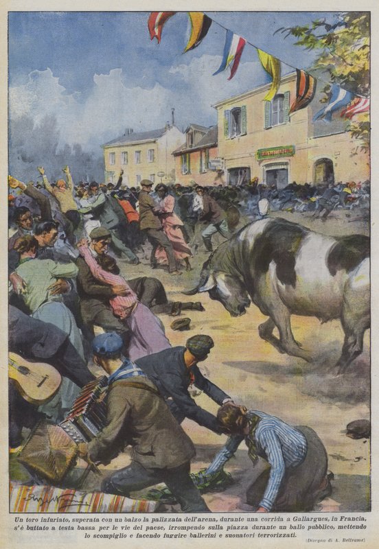 En rasende okse som hoppet forbi arenaens stokk under en tyrefekting? av Achille Beltrame