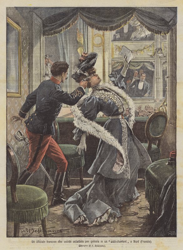 En fransk offiser dreper en artist av sjalusi på en kafé-sang i Niort (Frankrike) av Achille Beltrame