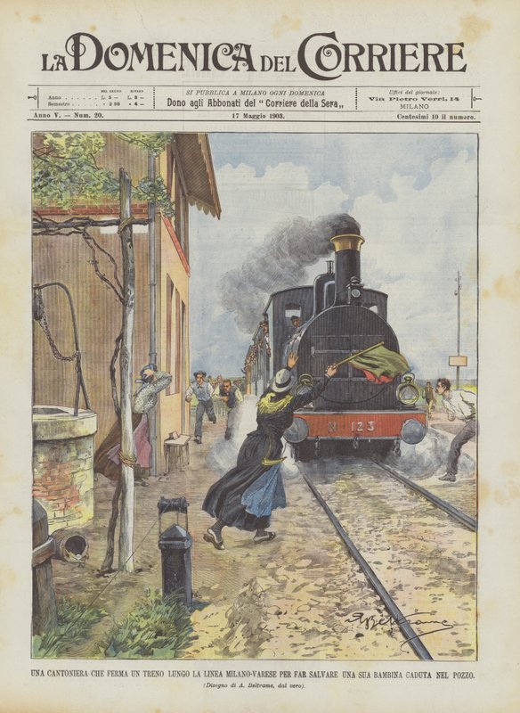 En veimann som stopper et tog langs Milano-Varese-linjen for å redde en liten jente som har falt i brønnen av Achille Beltrame