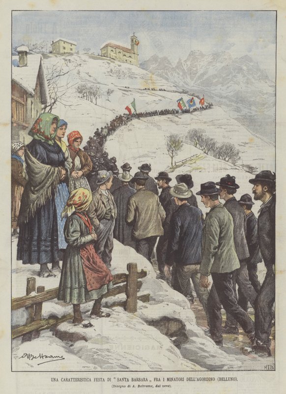 En karakteristisk fest for Santa Barbara blant gruvearbeidere i Agordino (Belluno) av Achille Beltrame