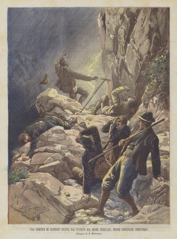 En gruppe klatrere truffet av lynet på Mount Tribulan, nær Gossensass (Brennero) av Achille Beltrame
